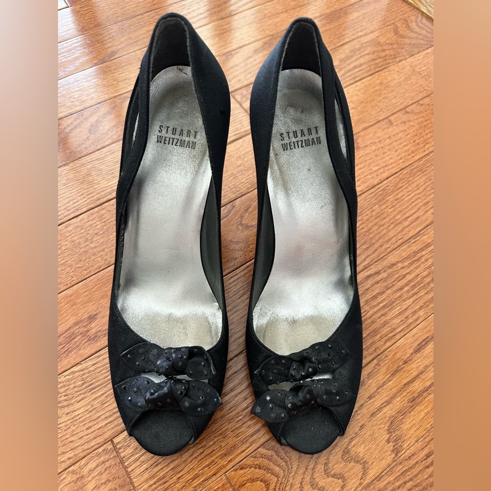 Stuart Weitzman Black Bow Peep-Toe Heels